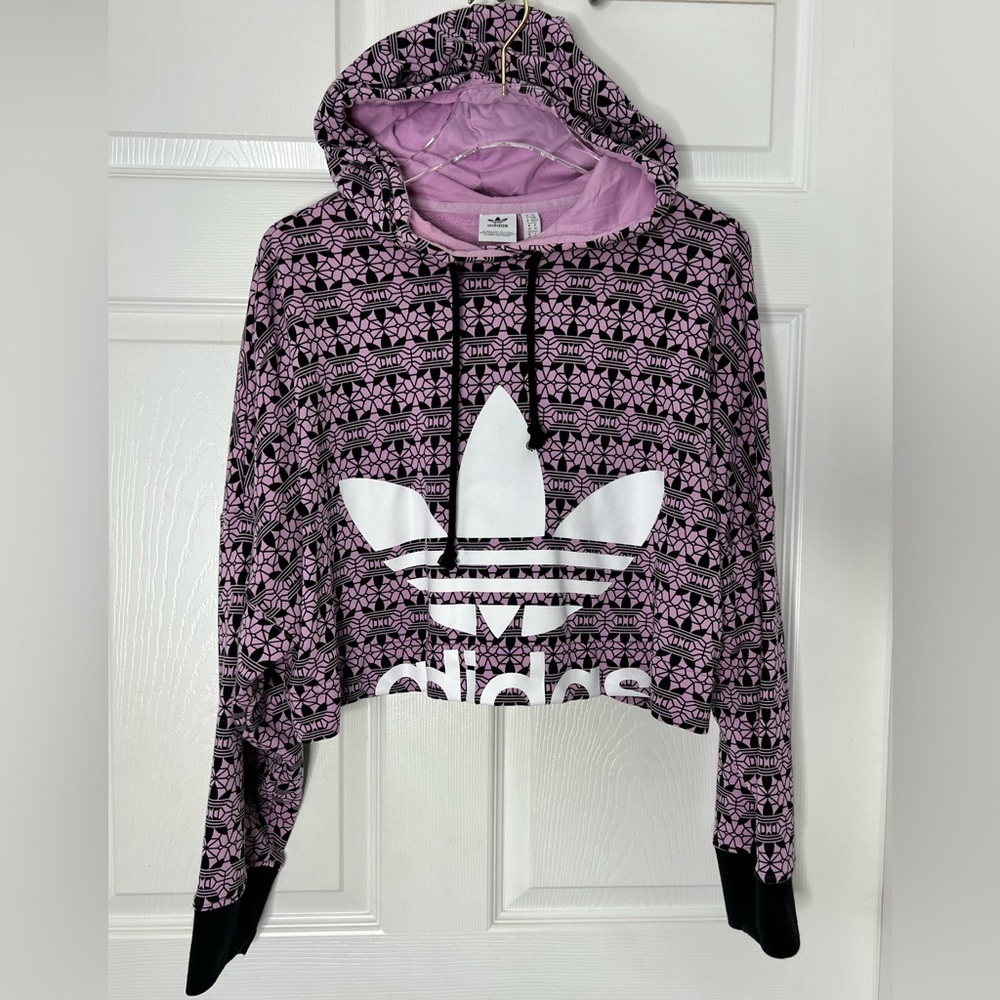 Adidas Trefoil Purple Black Printed Logo Cropped Hoodie Hooded Sweater - Picture 2 of 5